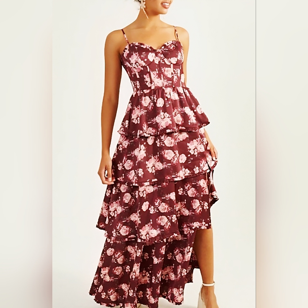 Altar'd State Floral Satin Dress - Wine And Blush Pink Xxl